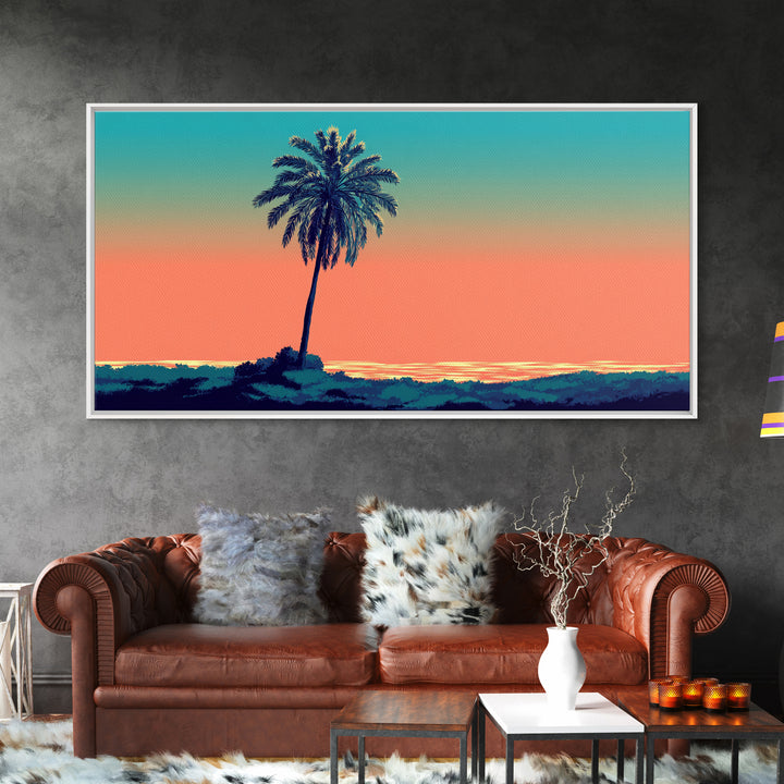 Solitary Palm Ocean Sunset Framed Canvas Print, Retro Tropical Wall Art, Midcentury Modern Decor, Coastal Home Poster Print