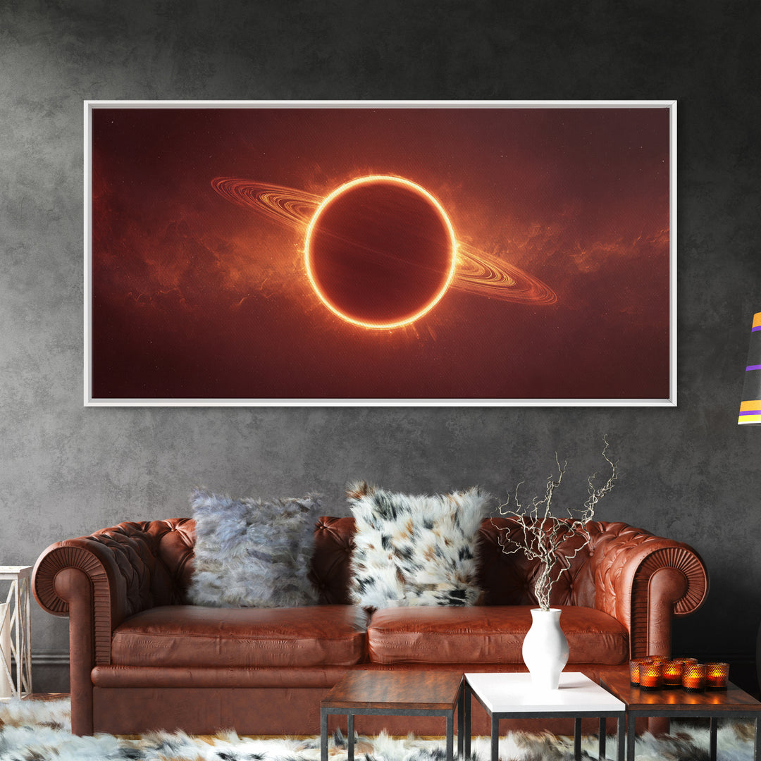 Ringed Planet Eclipse Framed Canvas Print, Cosmic Nebula Wall Art, Retro Sci Fi Poster, Orange Space Decor, Modern Art Print