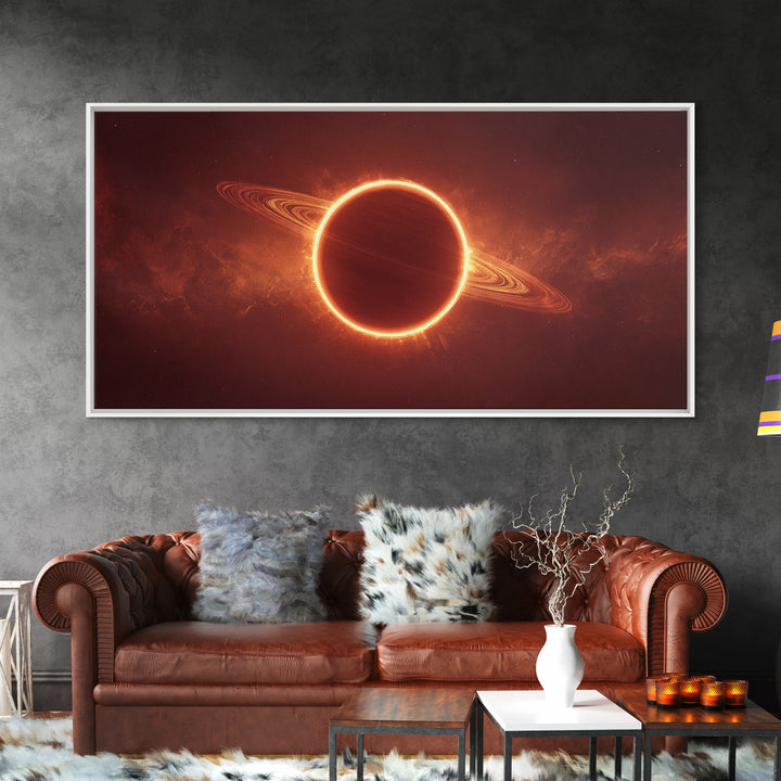Ringed Planet Eclipse Framed Canvas Print, Cosmic Nebula Wall Art, Retro Sci Fi Poster, Orange Space Decor, Modern Art Print