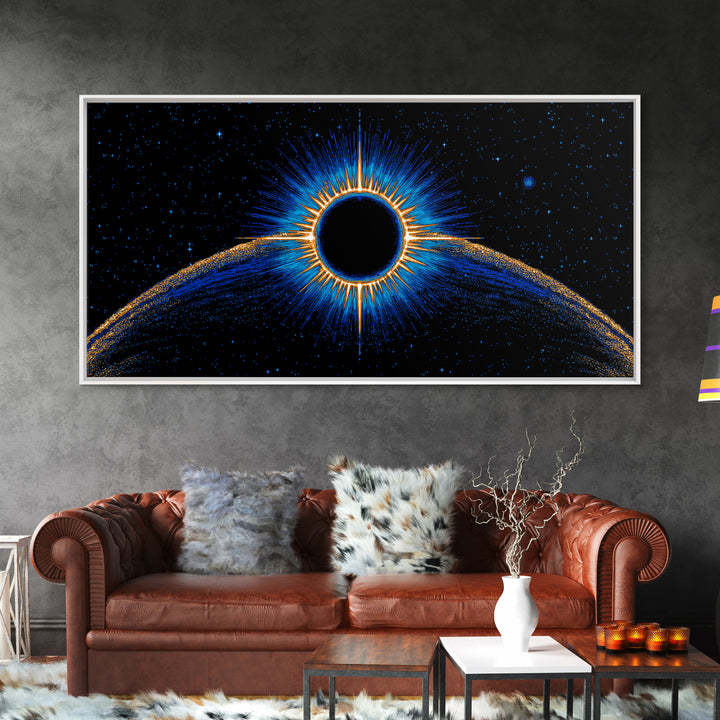 Blue Solar Eclipse Wall Art, Cosmic Retro Sci Fi Print, Black Hole Starfield Poster, Modern Digital Art, Space Decor Print