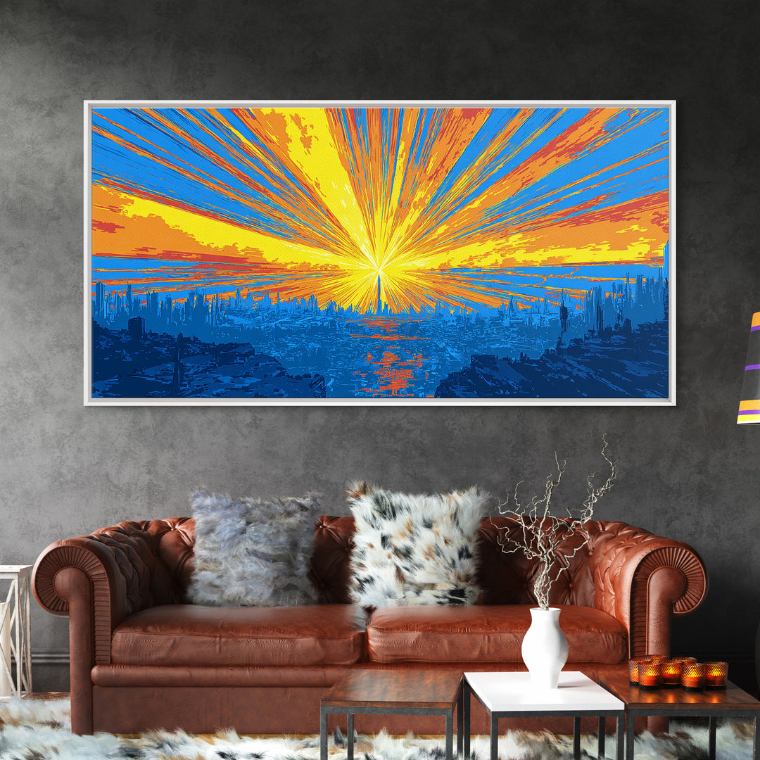 Explosive Solar Skyline Wall Art, Bright Retro Sci Fi Sunburst, Blue Orange Modern Art Print, Mid Century City Poster Decor