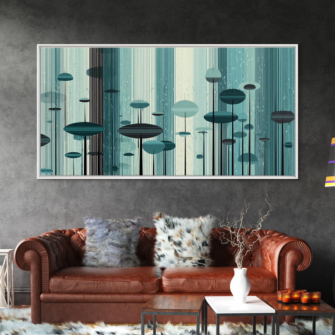 Teal Futuristic Mushroom City Wall Art, Retro Sci Fi Landscape Print, Modern Abstract Poster, Midcentury Space Decor Gift
