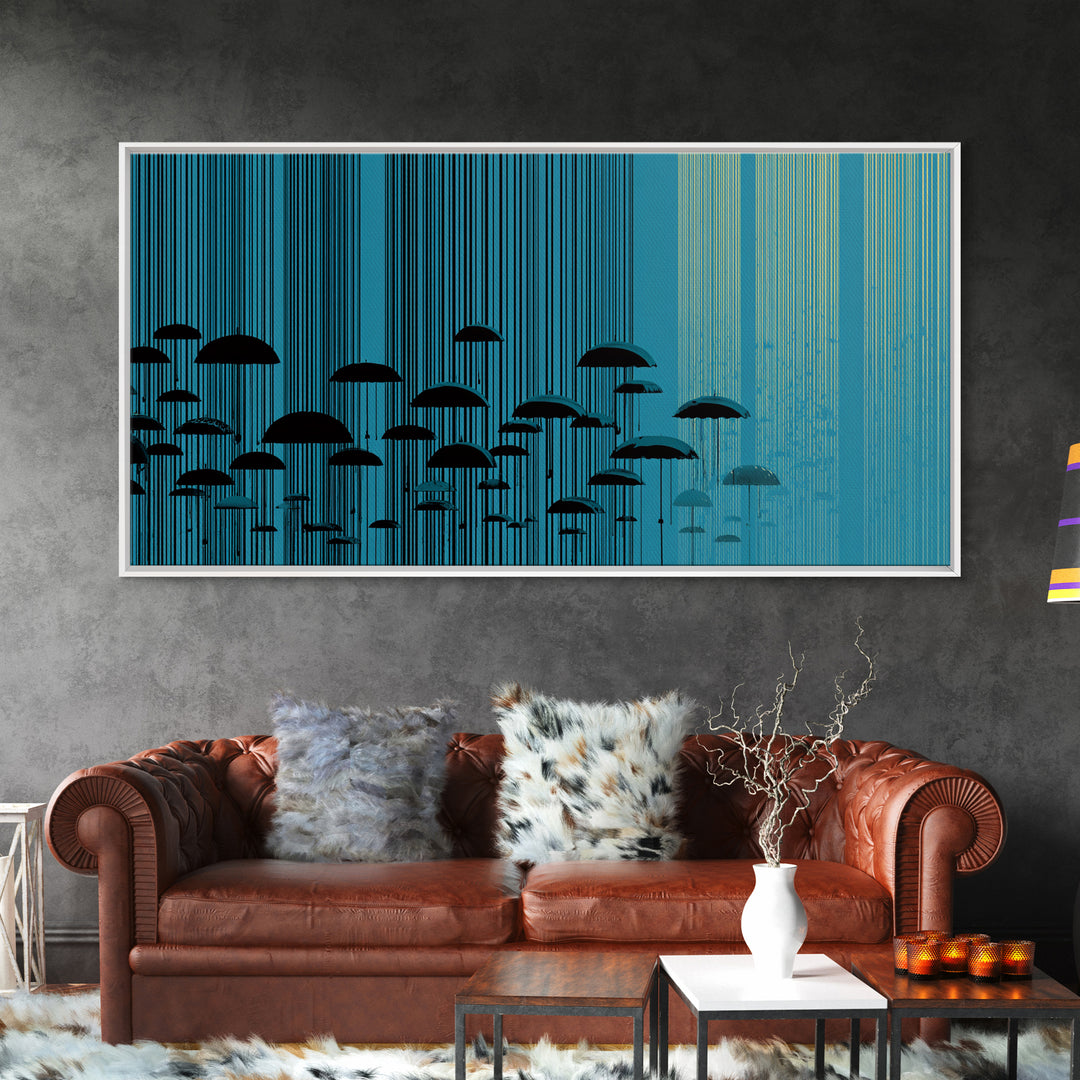 Teal Rain Umbrellas In Vertical Lines Wall Art, Midcentury Modern Abstract Print, Retro Wall Decor, Modern Home Decor For Living Room