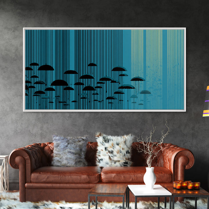Teal Rain Umbrellas In Vertical Lines Wall Art, Midcentury Modern Abstract Print, Retro Wall Decor, Modern Home Decor For Living Room