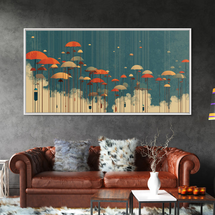 Orange Umbrellas Over Cream Clouds Wall Art, Midcentury Modern Abstract Print, Teal Retro Decor, Modern Home Decor For Living Room
