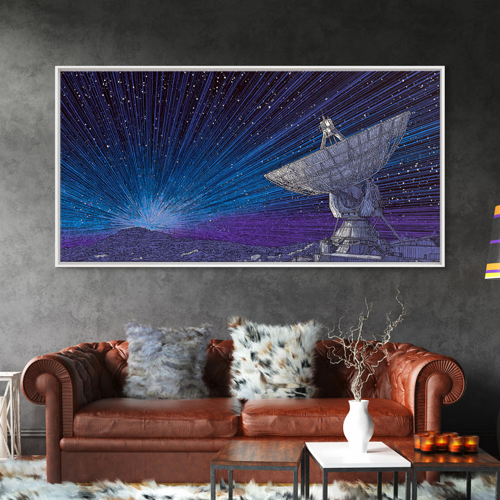 Blue Radio Telescope Starburst Canvas Print, Midcentury Modern Sci Fi Wall Art, Space Abstract Poster, Retro Home Decor Gift