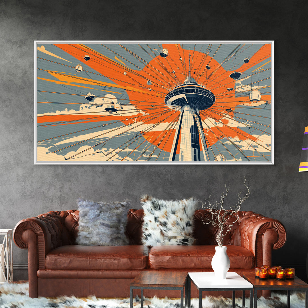 Retro Space Needle With Flying Saucers Canvas Print, Midcentury Modern Wall Art, Orange Sun Poster, Sci Fi Seattle Decor