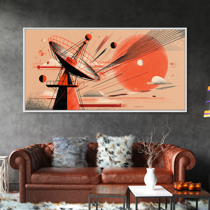 Red Satellite Dish And Orange Sun Wall Art, Midcentury Modern Space Abstract Print, Retro Sci Fi Poster, Modern Wall Decor