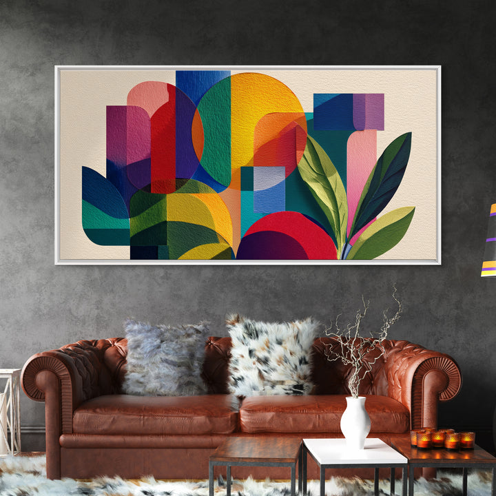 Colorful Geometric Leaves Wall Art, Bold Botanical Mid Century Modern Decor, Abstract Bauhaus Shapes, Vibrant Canvas Print
