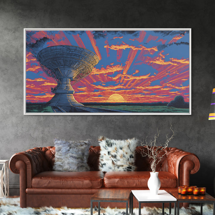 Radio Telescope At Neon Sunset Wall Art, Midcentury Modern Space Abstract Print, Retro Sci Fi Poster, Vibrant Office Decor