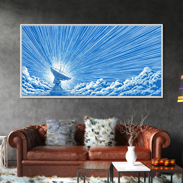 Blue Radio Telescope Skyburst Wall Art, Retro Sci Fi Poster, Atomic Midcentury Modern Art Print For Office And Home Wall Decor