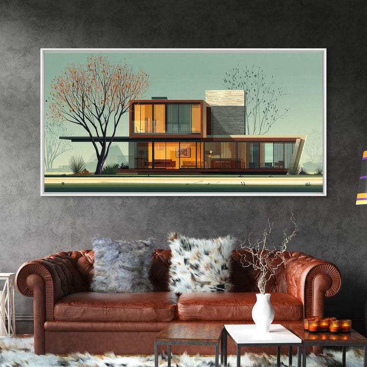 Glass Midcentury House With Autumn Tree Framed Canvas Print, MCM Wall Art, Modern Architecture Poster, Living Room Decor