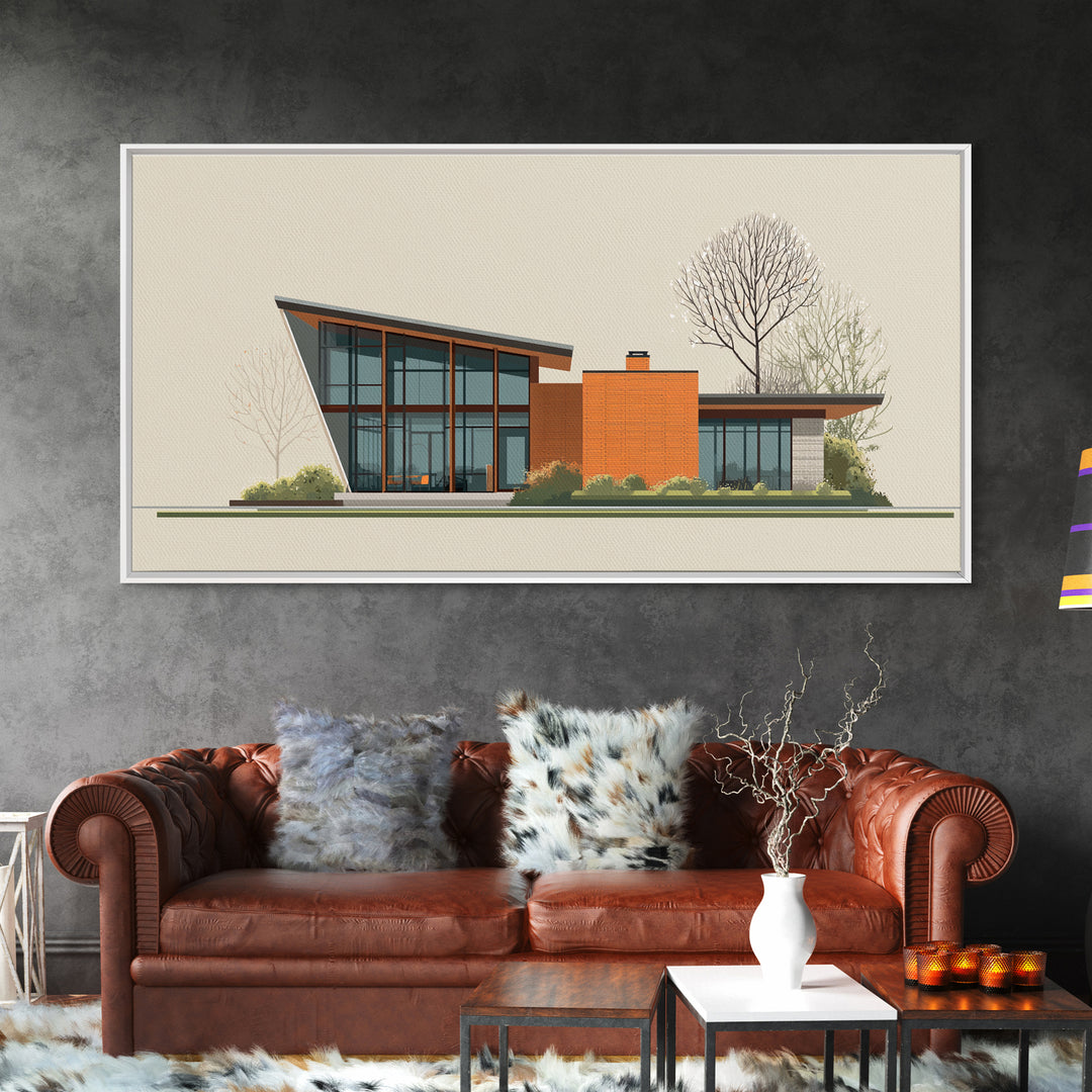 Angular Glass Midcentury Home Canvas Print, Modern Architecture Wall Art, MCM Decor, Retro House Poster For Living Room Decor