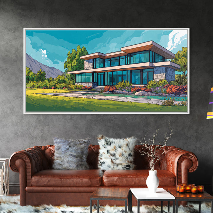 Mountain Modern Glass House Wall Art, Midcentury Modern Architecture Poster, Colorful Landscape Canvas Print, Living Room Decor