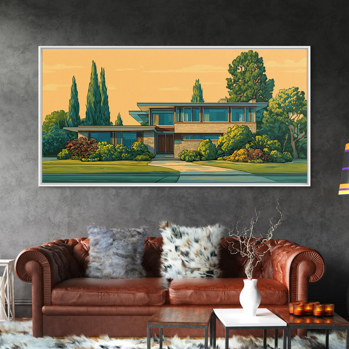 Cypress Garden Midcentury Home Framed Canvas Print, Modern Architecture Wall Art, Retro Palm Springs Decor, Living Room Art