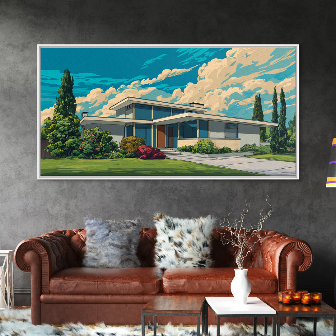 White Midcentury House With Dramatic Clouds Framed Canvas Print, Modern Wall Art, Retro Architecture Poster, Home Office Decor