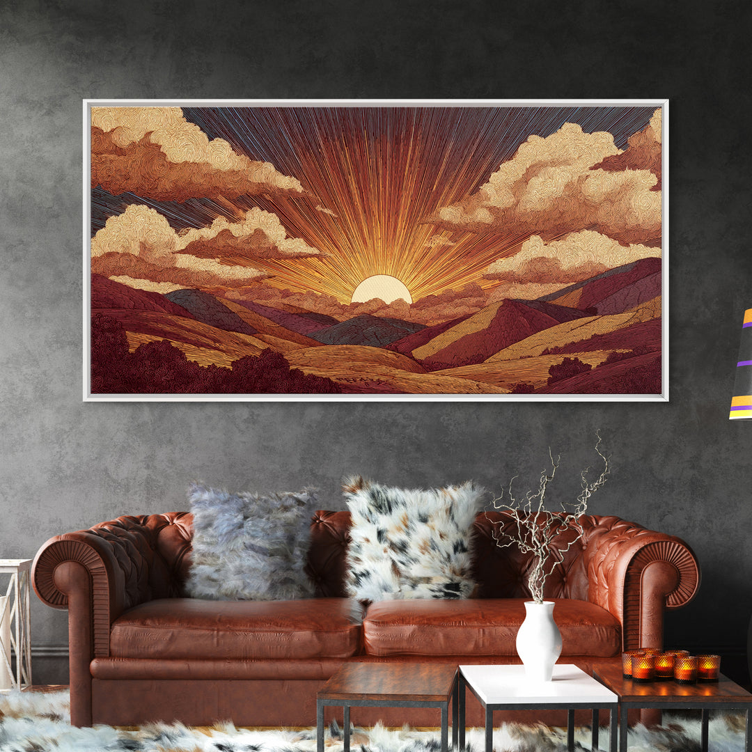 Textured Mountain Sunrise Valley Wall Art, Retro Landscape Poster, Midcentury Modern Art Print, Earth Tone Home Decor Gift