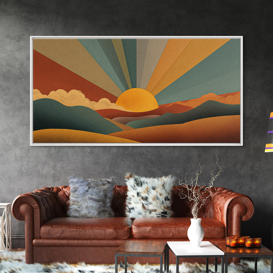 Geometric Retro Sunrise Over Rolling Hills Canvas Print, Midcentury Modern Wall Art, Boho Landscape Poster, Earth Tone Decor