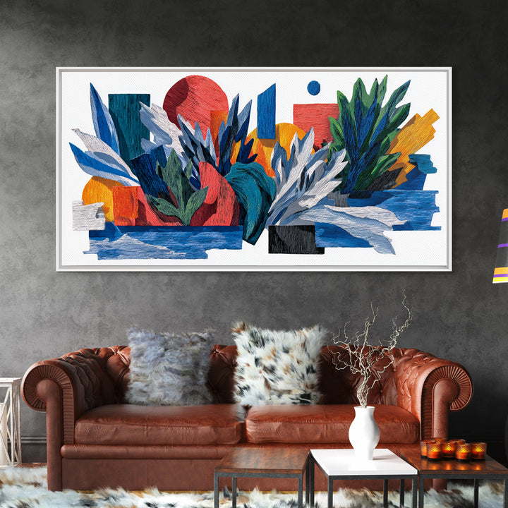 Textured Tropical Leaf Collage Framed Canvas Print, Blue Red Botanical Wall Art, Mid Century Modern Abstract Decor For Living Room