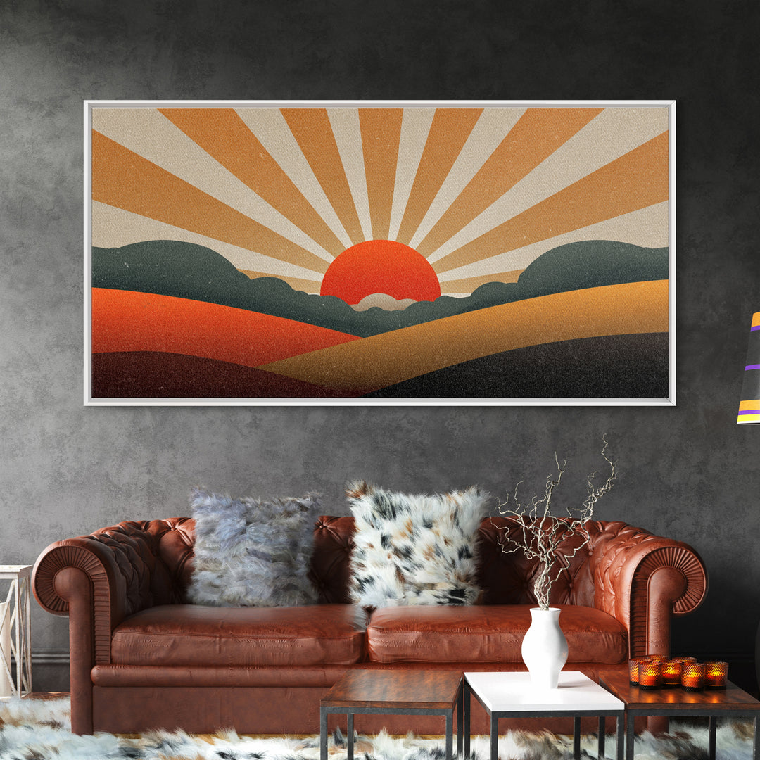 Orange Sunburst Desert Hills Wall Art, Mid Century Modern Canvas, Retro Landscape Poster, MCM Decor, Living Room Print, Home Decor