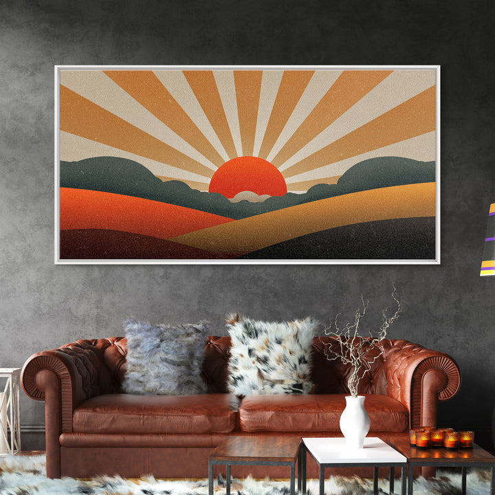 Orange Sunburst Desert Hills Wall Art, Mid Century Modern Canvas, Retro Landscape Poster, MCM Decor, Living Room Print, Home Decor