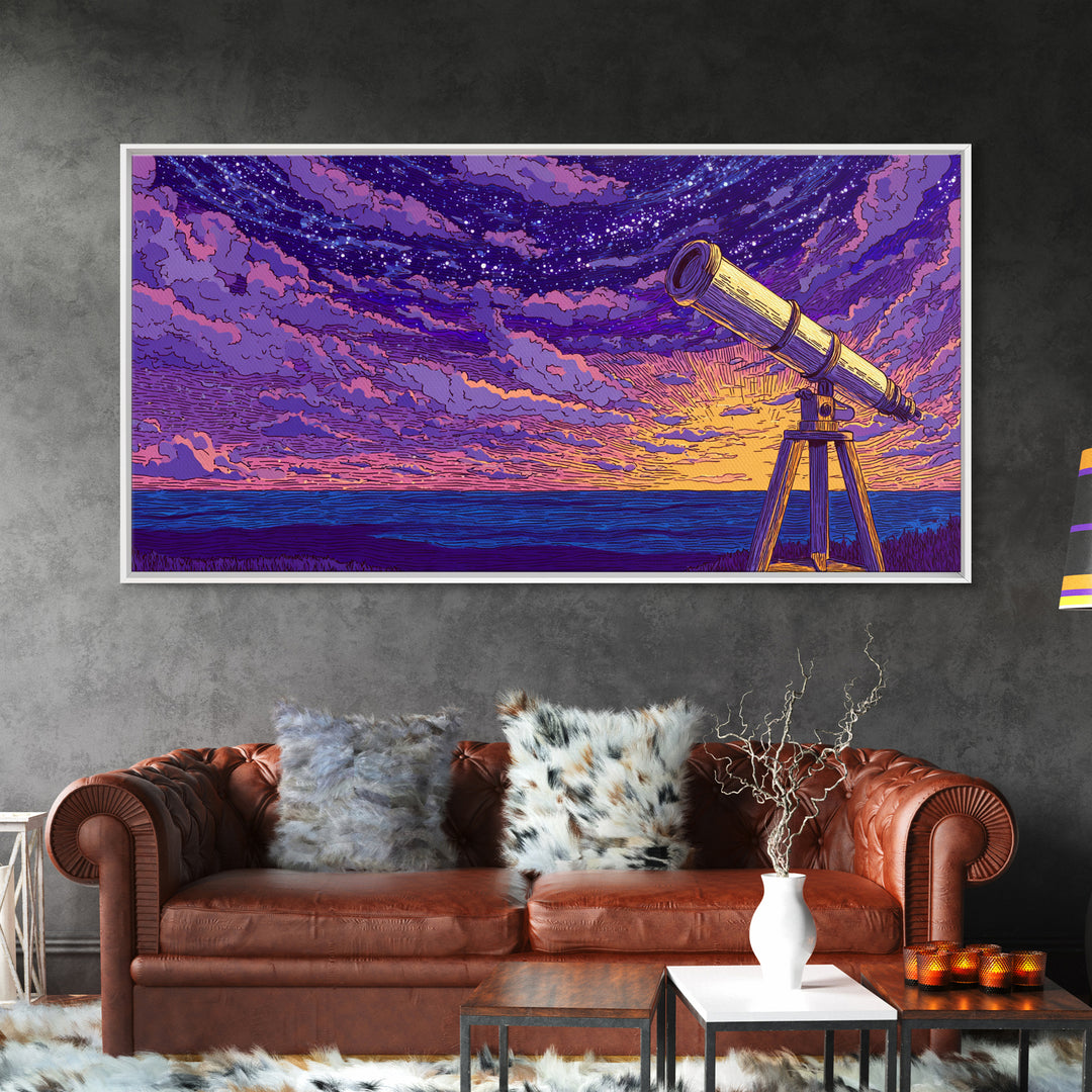 Purple Starry Telescope Ocean Wall Art, Retro Sci Fi Poster, Cosmic Mid Century Modern Decor, Space Astronomy Canvas Print