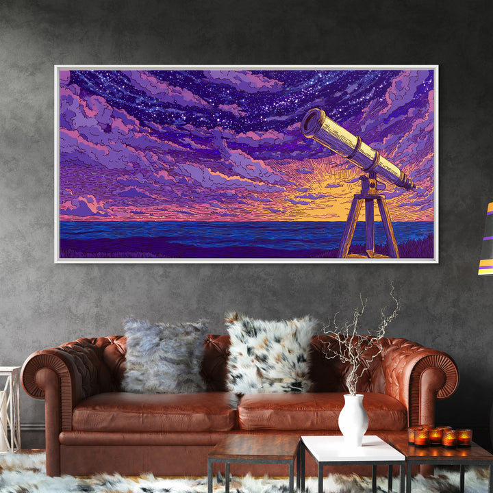 Purple Starry Telescope Ocean Wall Art, Retro Sci Fi Poster, Cosmic Mid Century Modern Decor, Space Astronomy Canvas Print