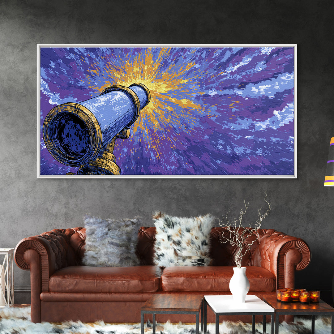 Blue Telescope Starburst Framed Canvas Print, Retro Sci Fi Wall Art, Space Astronomy Poster, Mid Century Modern Office Decor