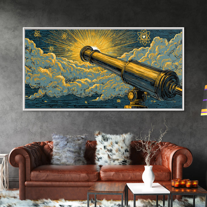 Golden Telescope Atomic Clouds Wall Art, Mid Century Modern Space Decor, Retro Astronomy Poster, MCM Canvas Print For Office