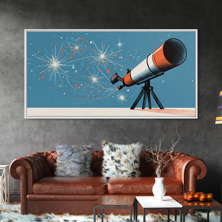 Atomic Telescope Blue Sky Canvas Print, Retro Space Wall Art, Mid Century Modern Astronomy Poster, MCM Nursery Office Decor