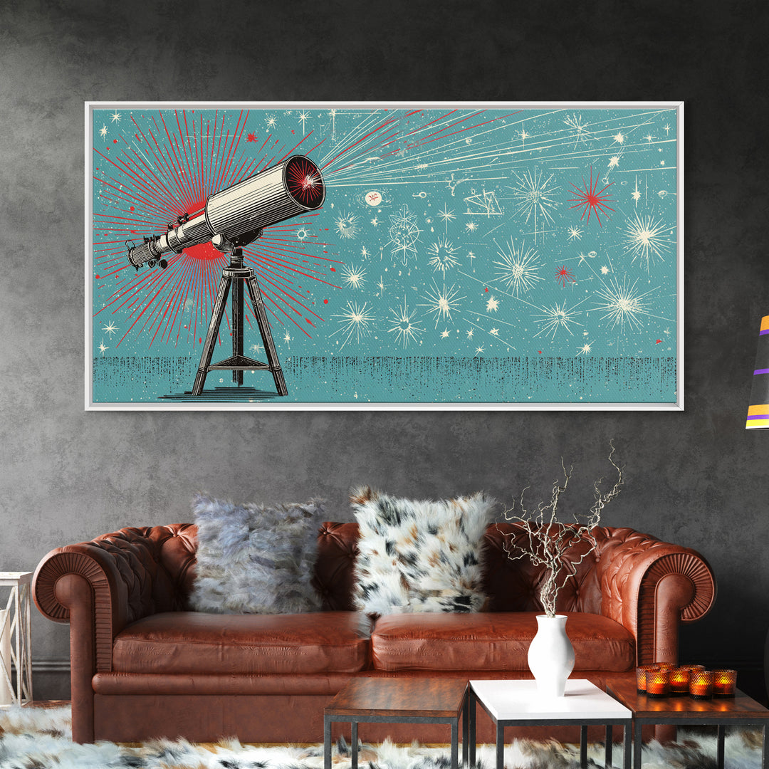 Teal Atomic Telescope Starburst Wall Art, Mid Century Modern Space Poster, Retro Sci Fi Canvas Print, Office Decor Gift Idea