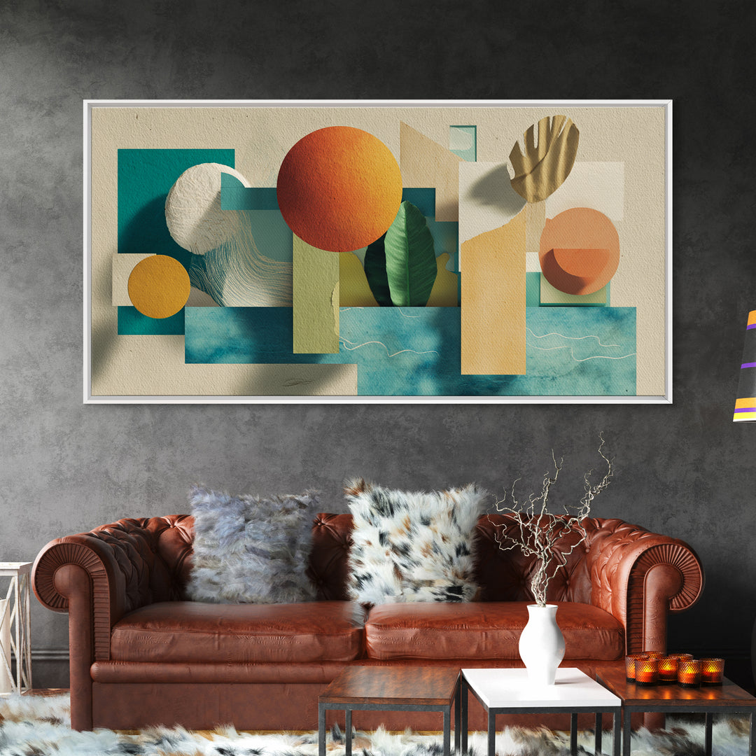 Neutral Teal Orange Geometric Still Life Wall Art, Mid Century Modern Canvas Print, Botanical Shapes, Coastal Home Decor
