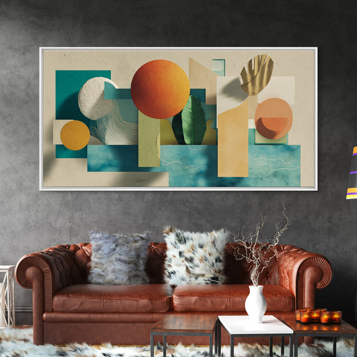 Neutral Teal Orange Geometric Still Life Wall Art, Mid Century Modern Canvas Print, Botanical Shapes, Coastal Home Decor