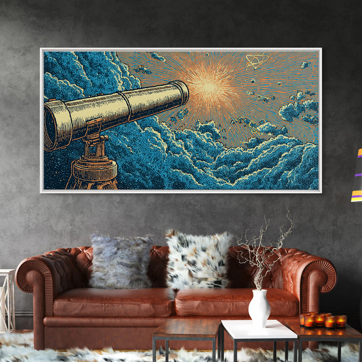 Blue Cloud Telescope Sunburst Framed Canvas Print, Retro Astronomy Wall Art, Mid Century Modern Space Poster, Office Decor
