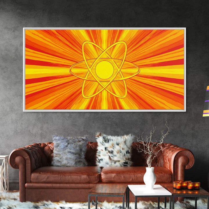 Fiery Atomic Sunburst Canvas Print, Mid Century Modern Orange Wall Art, Retro Science Poster, Bold MCM Decor, Modern Art Print