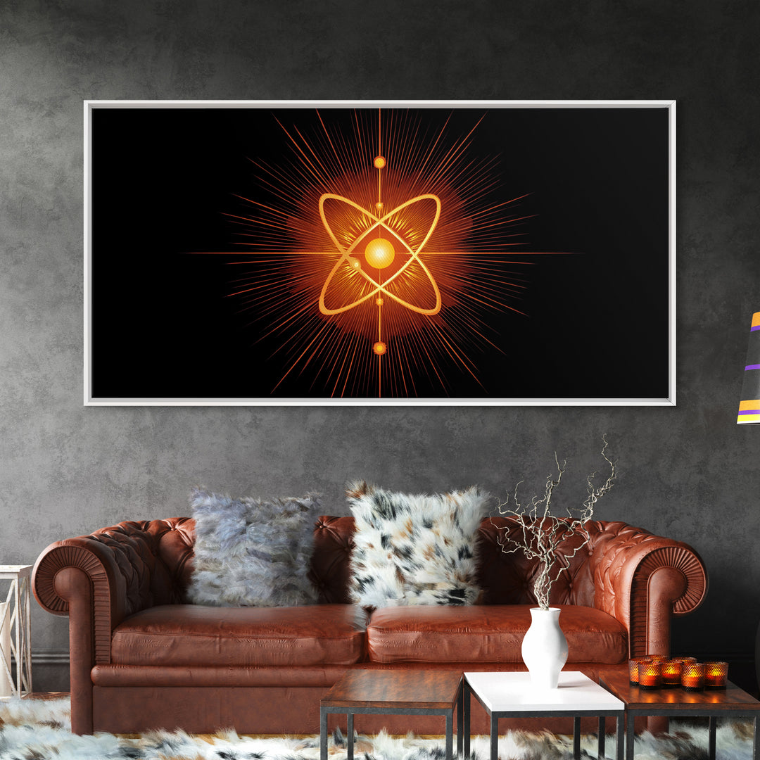 Glowing Orange Atom Wall Art, Black Space Abstract Poster, Mid Century Modern Science Decor, Atomic MCM Canvas Print Gift