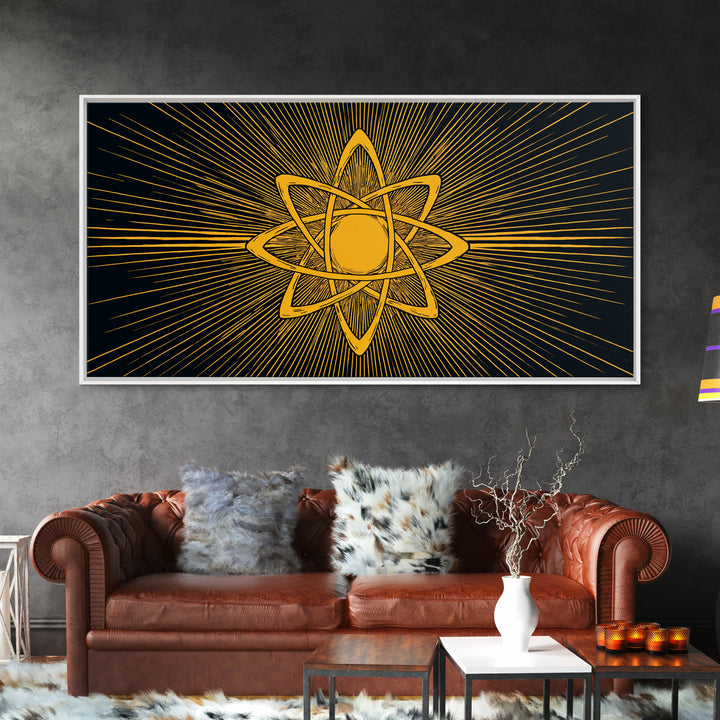 Gold Atomic Rays Canvas Print, Black Mid Century Modern Science Poster, Retro Space Wall Art, Bold Geometric MCM Decor Gift