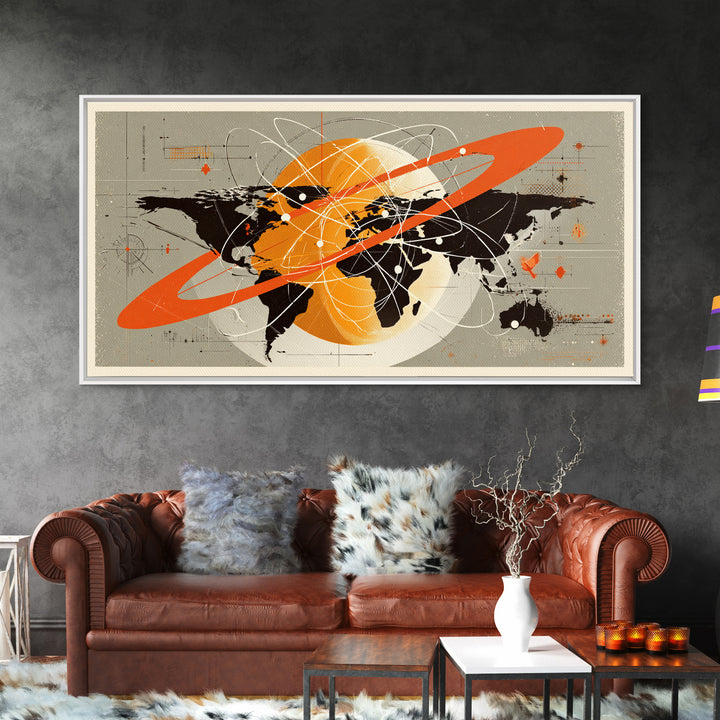 Retro Atomic World Map Wall Art, Mid Century Modern Travel Poster, Orange Black Science Decor, Geometric Canvas Print Gift