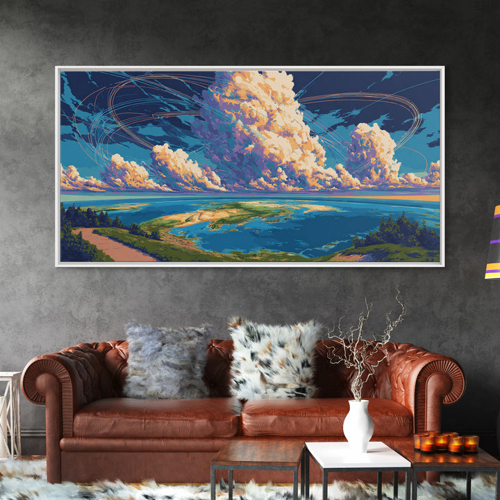 Cloudy Coastal Lagoon Wall Art, Modern Landscape Canvas Print, Blue Tropical Travel Poster, Scenic Lake House Decor Gift