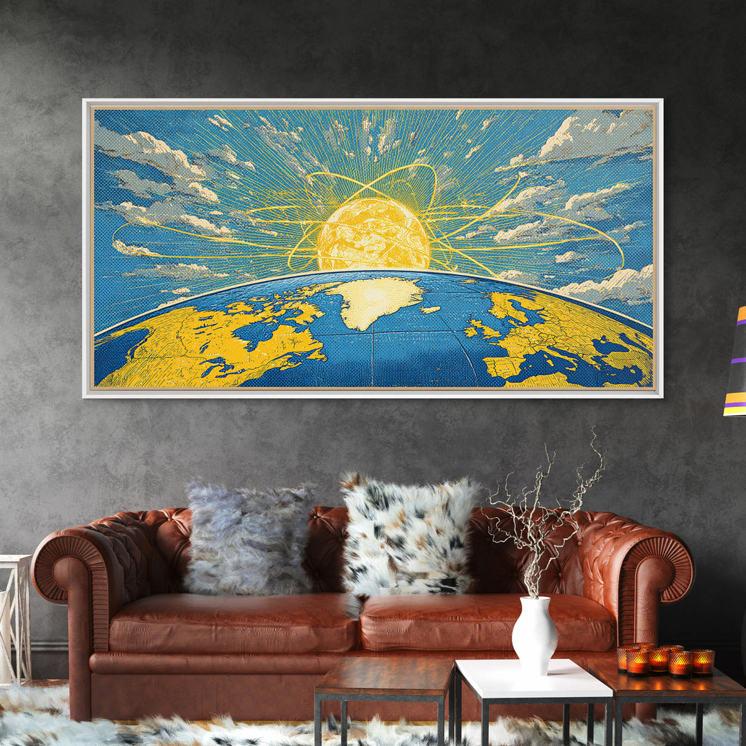 Atomic Earth Sunrise Wall Art, Blue Yellow Retro Science Poster, Mid Century Modern Space Decor, Celestial Canvas Print Gift