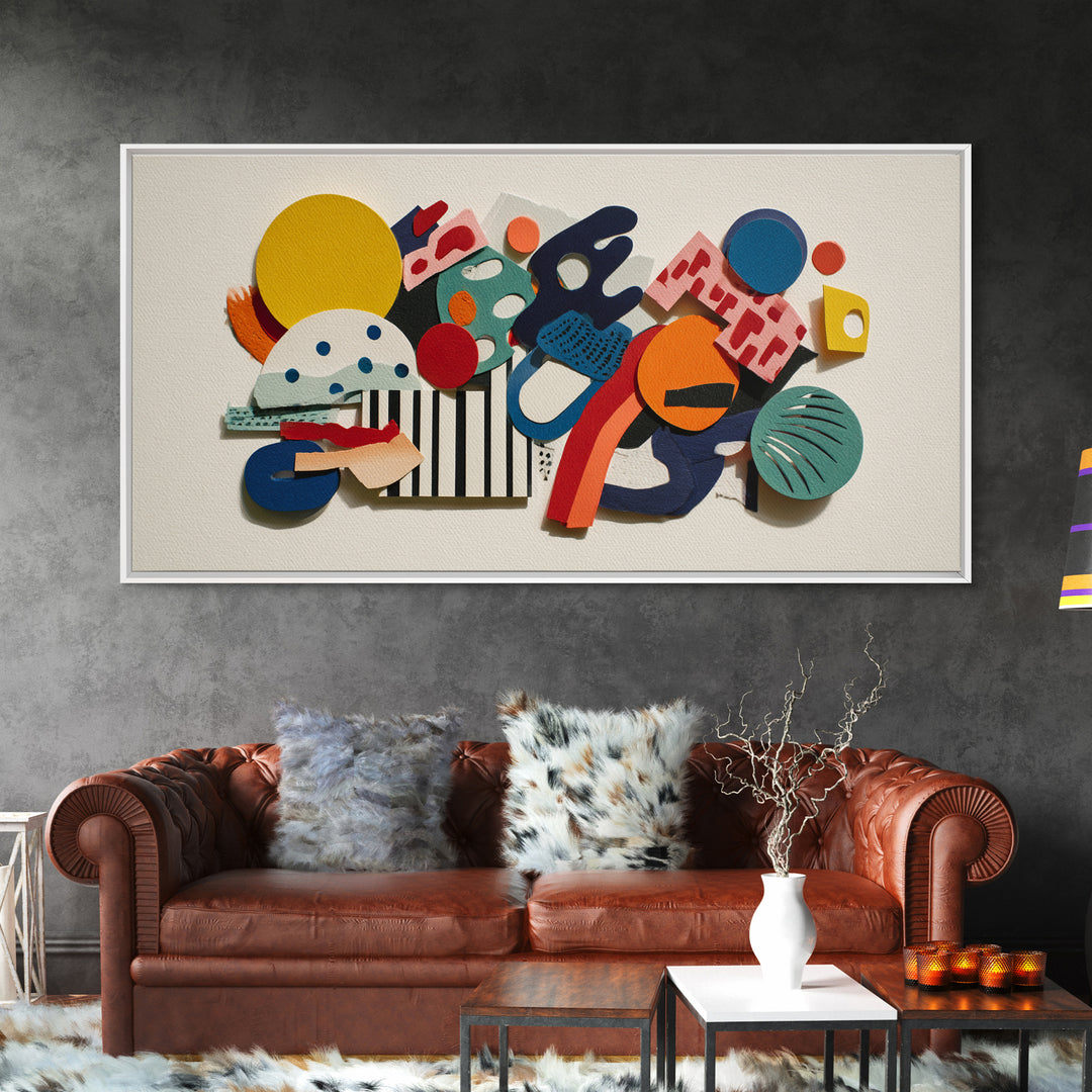Playful Memphis Geometric Wall Art, Colorful Mid Century Modern Decor, Abstract Shapes, Retro Bauhaus Framed Canvas Print