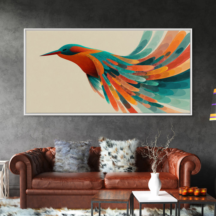 Colorful Hummingbird In Flight Canvas Print, Midcentury Modern Bird Art, Tropical Nature Decor, Vibrant Living Room Wall Art