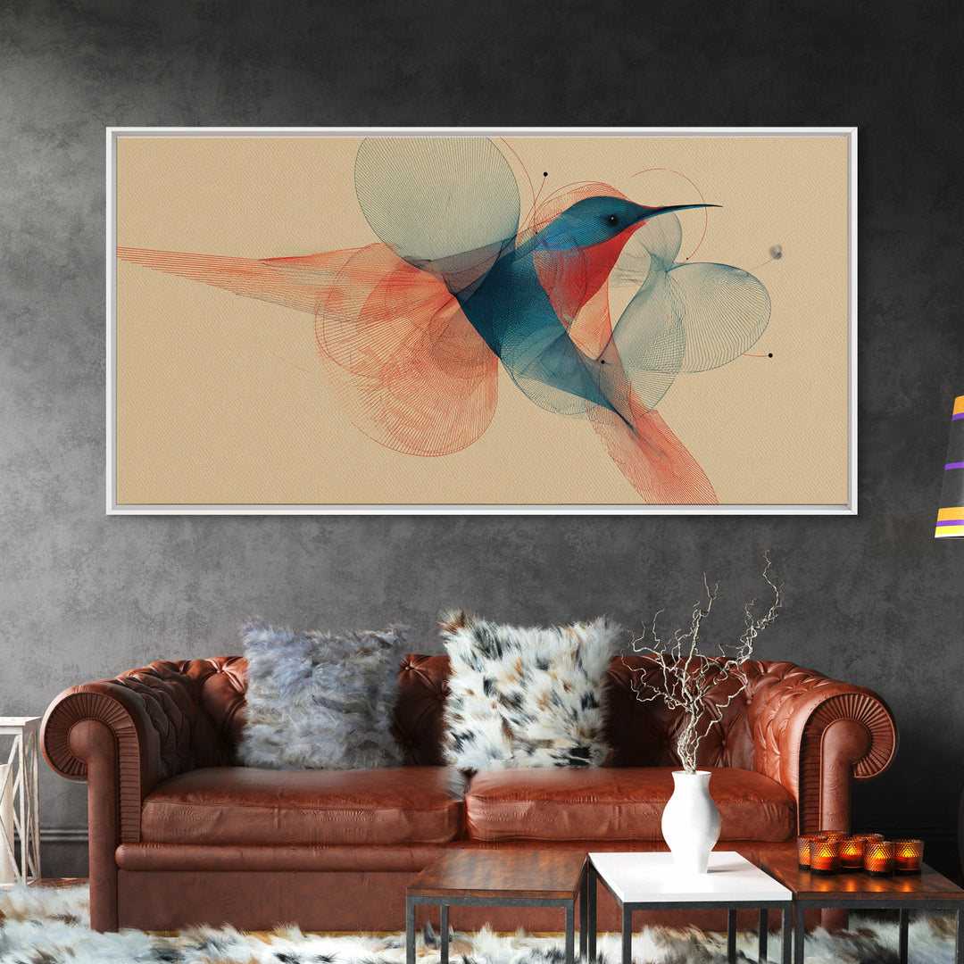 Abstract Hummingbird With Circle Forms Wall Art, Midcentury Modern Bird Print, Geometric Nature Decor, Teal Coral Art Print