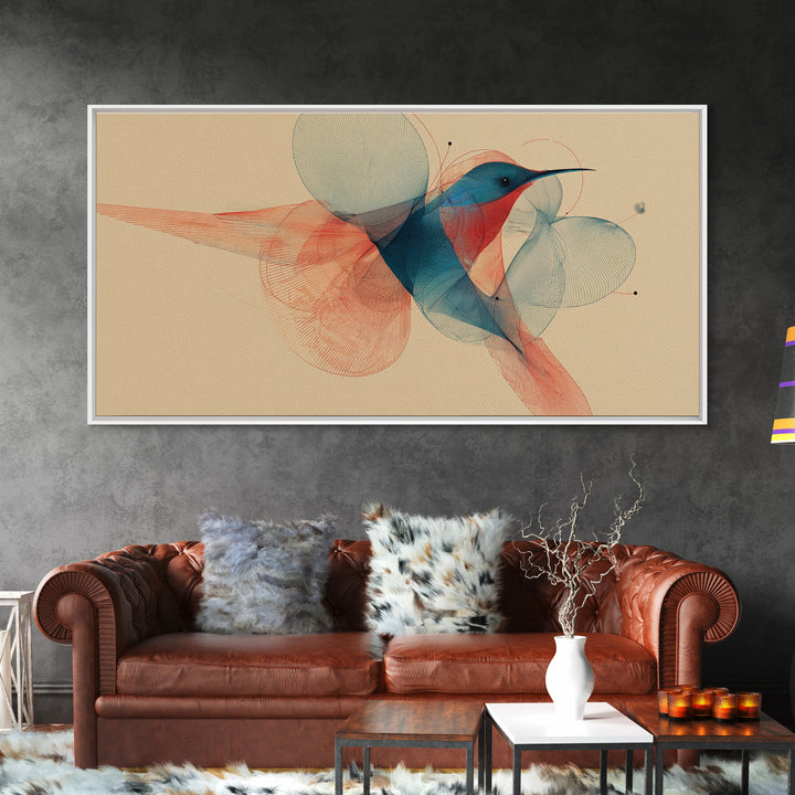 Abstract Hummingbird With Circle Forms Wall Art, Midcentury Modern Bird Print, Geometric Nature Decor, Teal Coral Art Print
