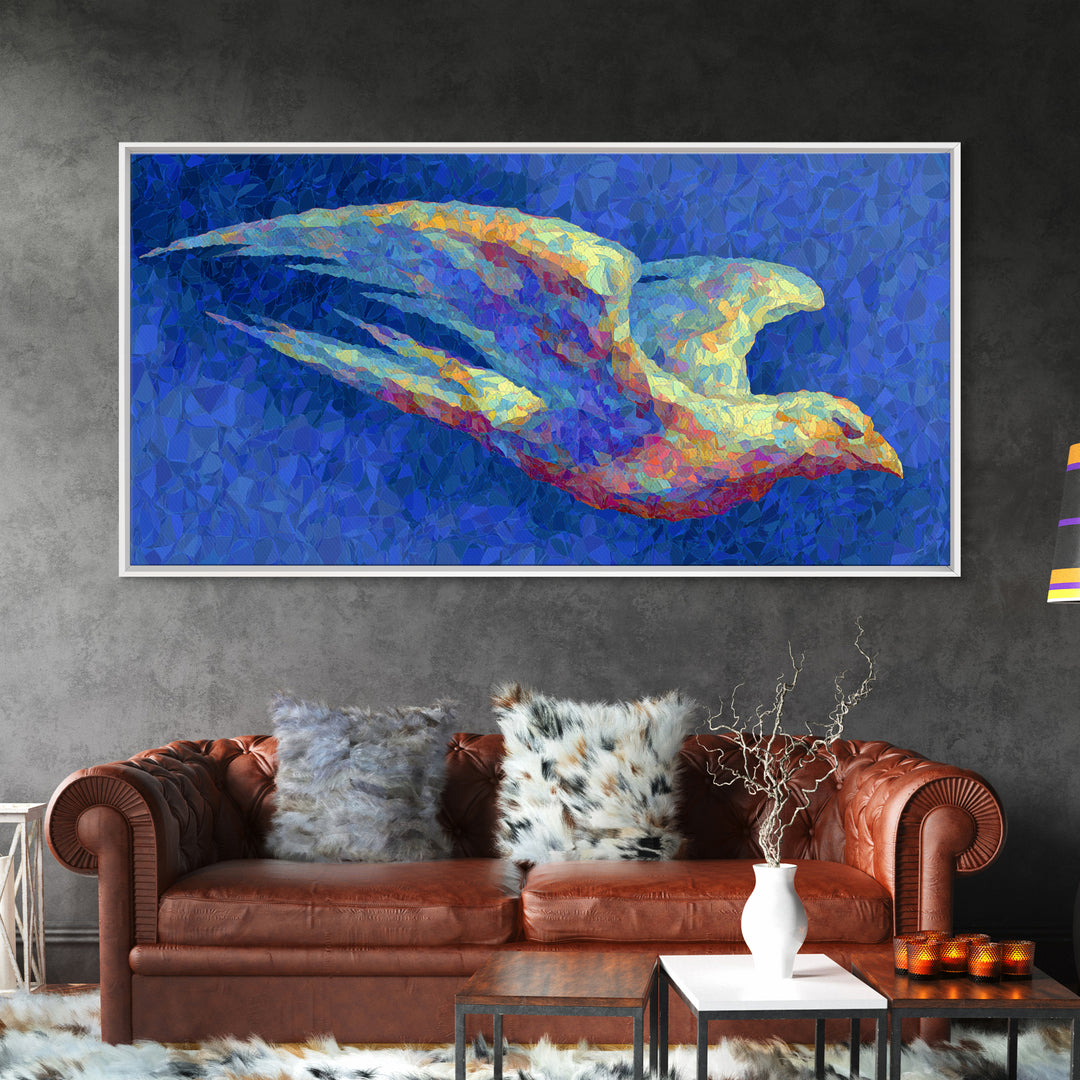Blue Mosaic Bird In Flight Framed Canvas Print, Modern Abstract Wildlife Art, Colorful Nature Decor, Bold Living Room Wall Art