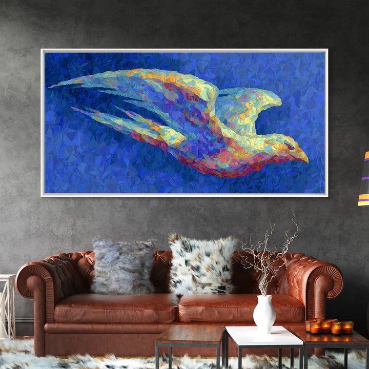 Blue Mosaic Bird In Flight Framed Canvas Print, Modern Abstract Wildlife Art, Colorful Nature Decor, Bold Living Room Wall Art
