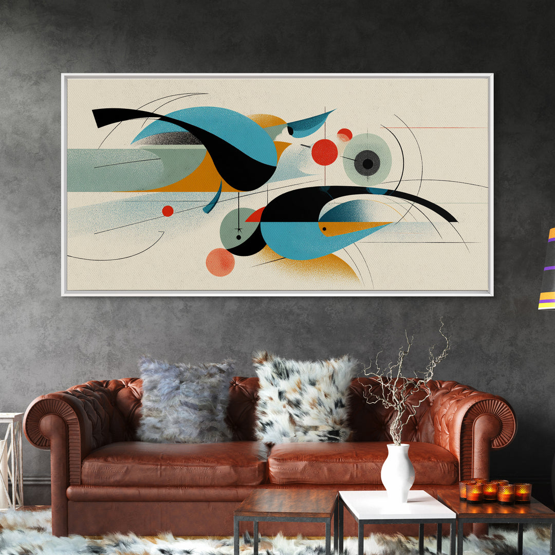 Geometric Abstract Birds Wall Art, Midcentury Modern Shapes Print, Bauhaus Inspired Decor, Teal Orange Living Room Art Print