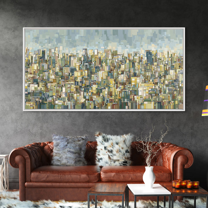 Dense City Skyline Wall Art, Modern Architectural Print, Abstract Urban Landscape Decor, Blue Beige Living Room Art Print