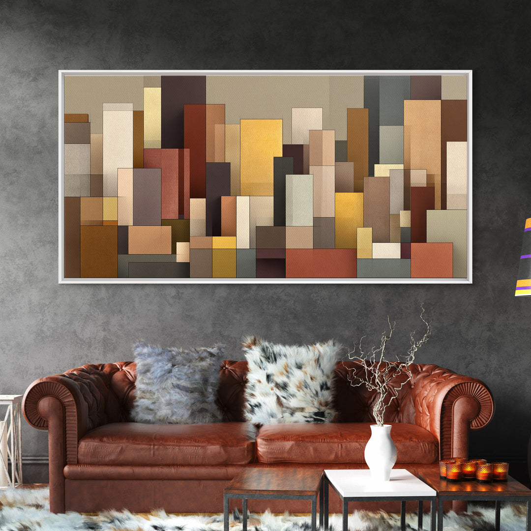 Earth Tone Geometric City Wall Art, Modern Abstract Skyline Print, Midcentury Decor, Neutral Brown Living Room Art Print