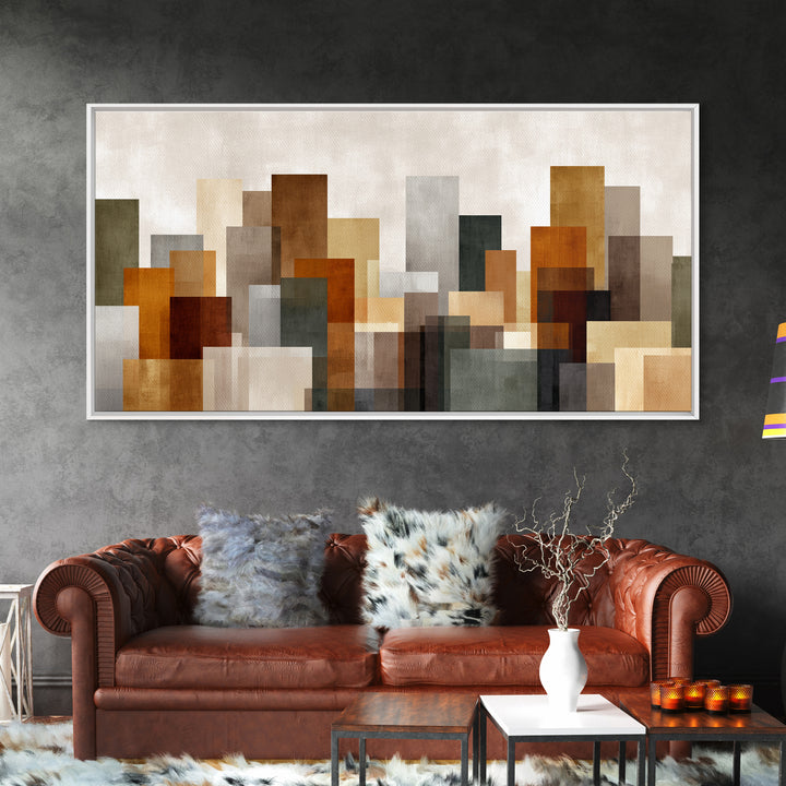 Transparent Abstract Skyline Canvas Print, Modern Geometric City Wall Art, Warm Neutral Decor, Contemporary Living Room Art